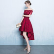 Dark Red Lace High Low Off Shoulder Homecoming Dress, Wine Red Prom Dress
