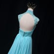 Mint Blue Chiffon Beaded High Neckline Wedding Party Dress, A-line Chiffon Prom Dress