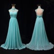 Mint Blue Chiffon Beaded High Neckline Wedding Party Dress, A-line Chiffon Prom Dress