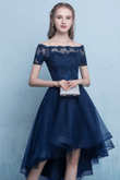 Beautiful Navy Blue High Low Off Shoulder Party Dress, High Low Homecoming Dress