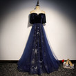 Navy Blue Velvet and Tulle Long Party Dress, A-line Blue Evening Dress