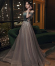 Charming Grey Tulle with Velvet Off Shoulder Party Dress, Long Formal Dress