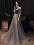 Charming Grey Tulle with Velvet Off Shoulder Party Dress, Long Formal Dress