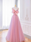Lovely Pink Tulle Long Prom Dress with Bow, Pink Formal Dresses