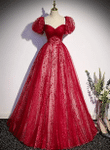 Wine Red Floor Length A-line Prom Dress, Red Tulle Evening Gowns