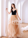 Lovely Layers Tulle With Velvet Straps Champagne Party Dress, Long Evening Gown