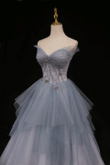 Blue Beaded Sweetheart Long Evening Dress, Blue Prom Dress