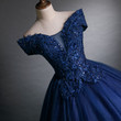 Off Shoulder Navy Blue Long Sweet 16 Gown, Blue Tulle with Lace Prom Dress