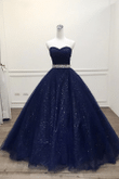 Navy Blue Shiny Tulle Beaded Long Party Dress, Sweetheart Tulle Prom Dress