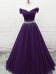 Dark Purple Beaded Tulle Off Shoulder Party Dress, Purple Junior Prom Dresses