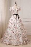 Beauitufl Floral V-Neck Lace Short Sleeve Flowers Long Prom Dress, Floral Party Dress