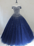 Blue Sequins Ball Gown Off Shoulder Party Dress, Blue Sweet 16 Gown