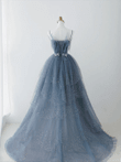 Blue Tulle Beaded Unique Long Party Dress, Blue Shiny Long Straps Formal Dress