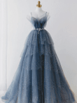 Blue Tulle Beaded Unique Long Party Dress, Blue Shiny Long Straps Formal Dress