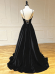 Black Velvet Long A-line Low Back Prom Dress, Black V Neck Wedding Party Dress