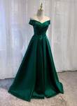 Green Satin A-line Off Shoulder Floor Length Party Dress, Green Prom Dress