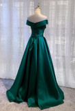 Green Satin A-line Off Shoulder Floor Length Party Dress, Green Prom Dress