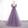 Purple Tulle Beaded and Lace Long A-line Party Dress, Floor Length Purple Formal Dress