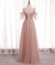 Pink Tulle Simple A-line Long Wedding Party Dresses, Pink Formal Dresses