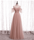 Pink Tulle Simple A-line Long Wedding Party Dresses, Pink Formal Dresses