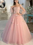 Pink Puffy Sleeves Long Formal Dress with Flowers, Pink Sweet 16 Gown