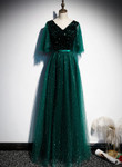 V-neckline Shiny Tulle Long Green Prom Dress, Green Formal Dresses
