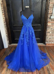 Blue Tulle with Lace A-line Floor Length Party Dress, Blue Junior Prom Dress