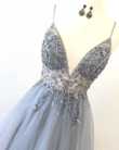 Tulle V-neckline Straps Beaded Low Back Long Formal Dress, Tulle Prom Dress