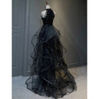 High Neckline Black Halter Shiny Tulle And Sequins Party Dress, Black Tulle Prom Dress