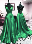V Neck Green Backless Long Prom Dresses, Open Back Green Long Formal Dresses