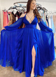 Royal Blue Chiffon Long Sleeves Deep V-neckline Prom Dress, Blue Party Dress