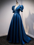 Blue Satin V-neckline Short Sleeves Party Dress, Blue A-line Evening Dress