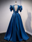 Blue Satin V-neckline Short Sleeves Party Dress, Blue A-line Evening Dress