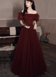Wine Red Off Shoulder Tulle Scoop Long Party Dress, Wine Red Prom Dress