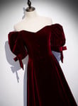Wine Red Velvet Floor Length Short Sleeves Party Dress, A-line Wine Red Bridesmaid Dress