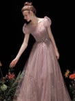 Pink Tulle Short Sleeves A-line Floor Length Formal Dress, Pink Cute Long Prom Dress
