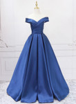 Off Shoulder Blue Satin A-line Floor Length Prom Dress, Blue Simple Formal Dress