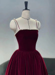 Wine Red Straps Velvet Party Dress with Pearls, Wine Red Tea Length Formal Dress
