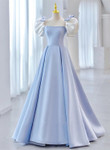 Blue Satin Short Sleeves with Bow Lace-up Party Dress, Blue Prom Dress