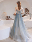 Blue Sweetheart Tulle Beaded Long Evening Dress Party Dress, Off Shoulder Prom Dress