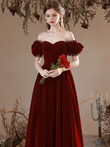 Wine Red Short Sleeves Velvet Sweetheart Party Dress, Velvet Long Formal Dress