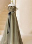 Light Green Tulle Off Shoulder with Flowers A-line Prom Dress, Green Evening Gowns