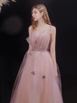 Pink Tulle with Beadings Spaghetti Strap Long Formal Dress, Pink Junior Prom Dress