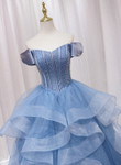 Blue Beaded Off Shoulder Tulle Long Formal Dress, Blue Evening Dress Prom Dress