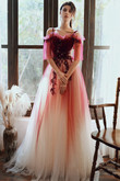 Beautiful Tulle Gradient Dark Red A-line Long Prom Dress, Straps Sweetheart Party Dress