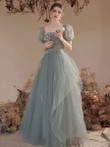 Light Green Short Sleeves Tulle Floor Length Party Dress, A-line  Evening Formal Gown