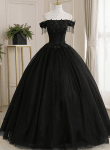 Black Off Shoulder Sweet 16 Formal Dress with Lace, Black Long Prom Dress