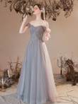 Grey Beaded Sweetheart Tulle A-line Off Shoulder Evening Dress, Grey Floor Length Prom Dress