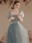 Light Green Short Sleeves Tulle Floor Length Party Dress, A-line  Evening Formal Gown