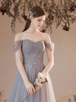 Grey Beaded Sweetheart Tulle A-line Off Shoulder Evening Dress, Grey Floor Length Prom Dress